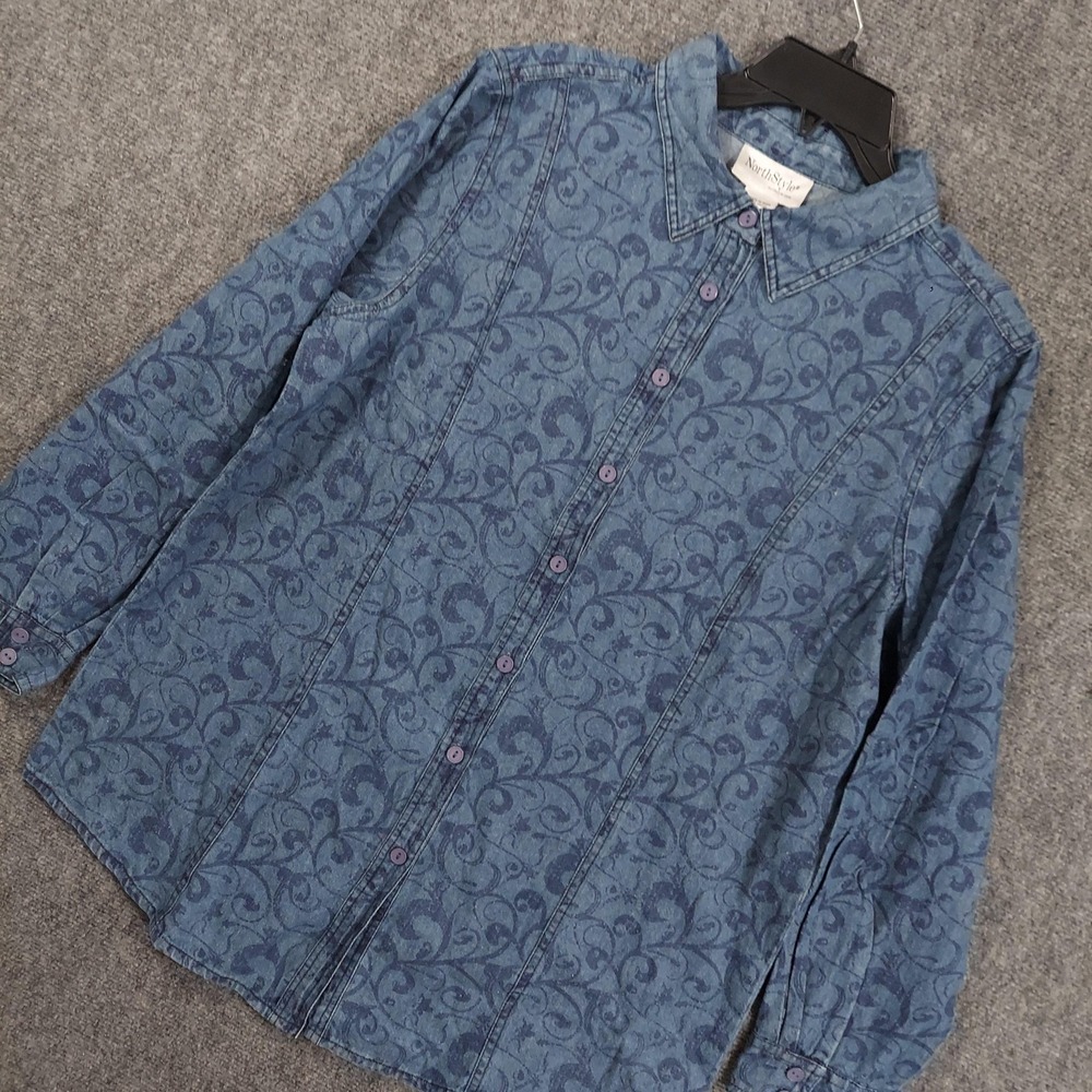 Vintage NorthStyle Shirt Womens Large Blue Floral Denim Button Up Long Sleeve